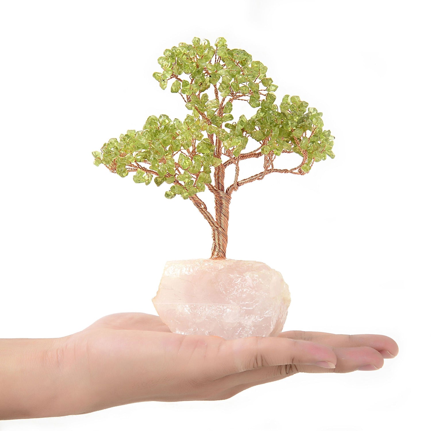 Peridot Copper Wire Beaded Tree of Life on Rose Quartz Base