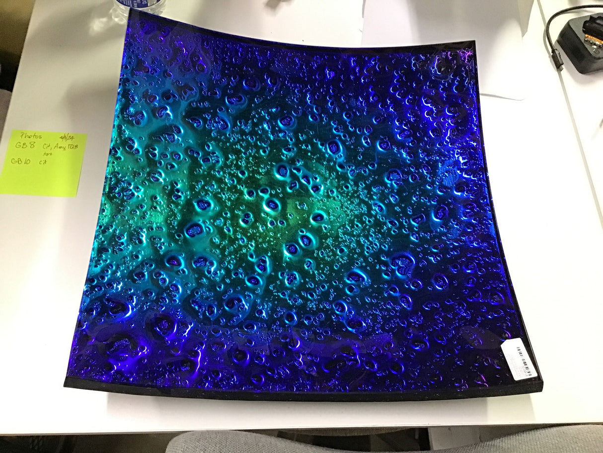 Dichroic Glass Square Vessel with Glass Centerpiece Base Blue & Green