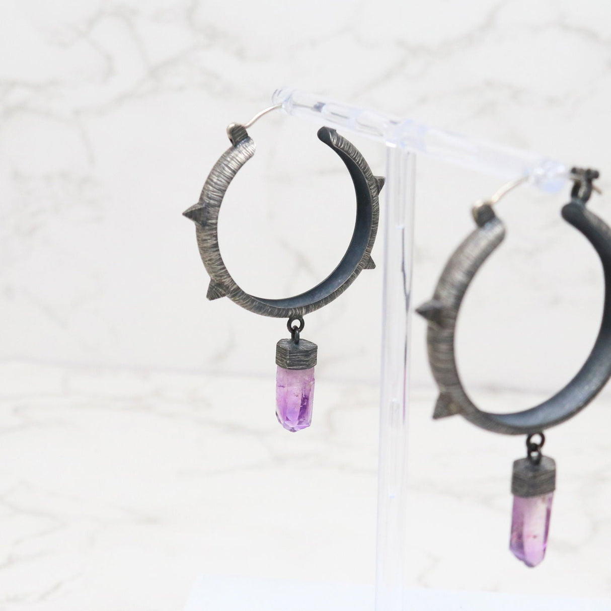 Amethyst Point Hoop Earrings with Spikes & Brushed Rhodium Finish