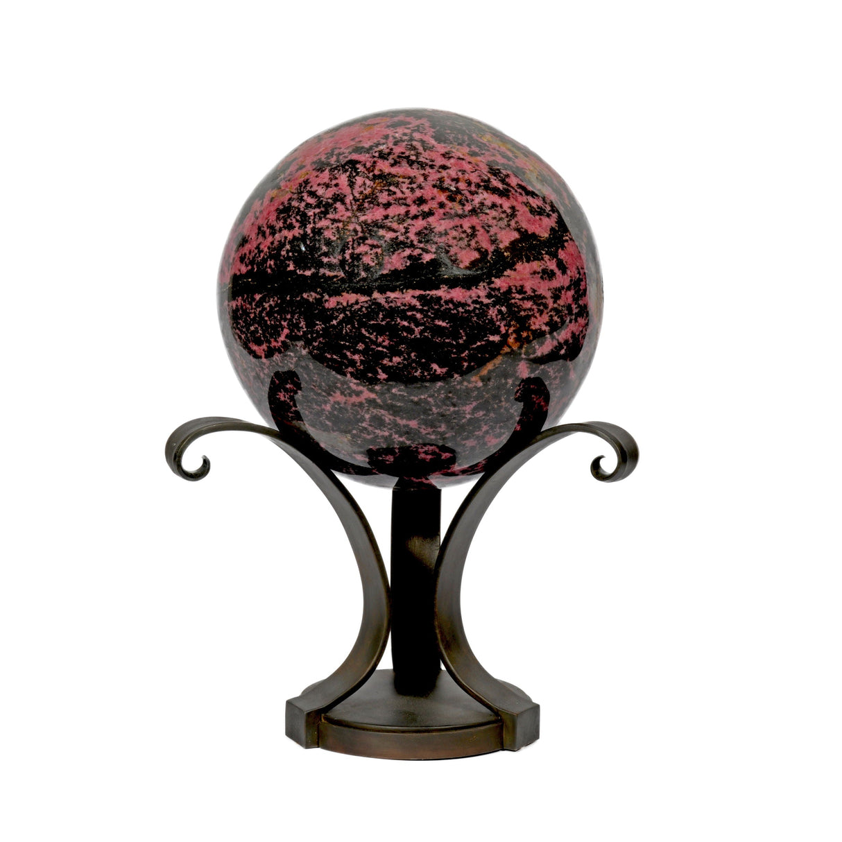 Rhodonite Sphere on Custom Metal Stand - 3 Spiral Bouquet Style