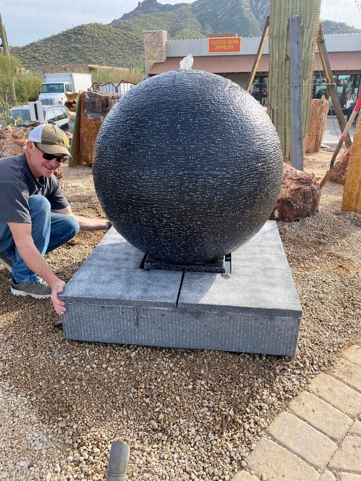 36" Diameter Black Cast Concrete Sphere Fountain - Medium