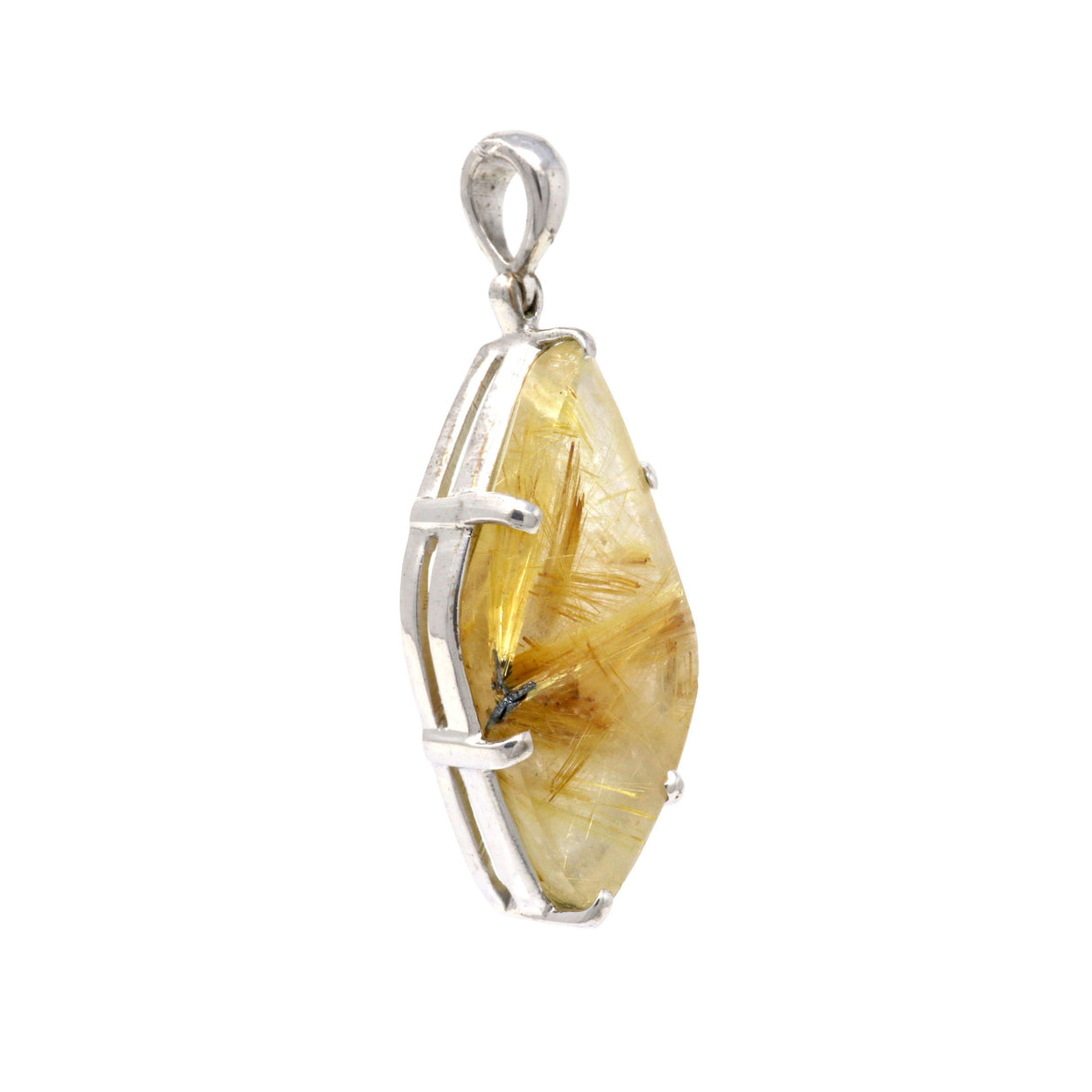 A+ Quality Golden Rutile Pendant - Sharp Oval with Rhodium Plating
