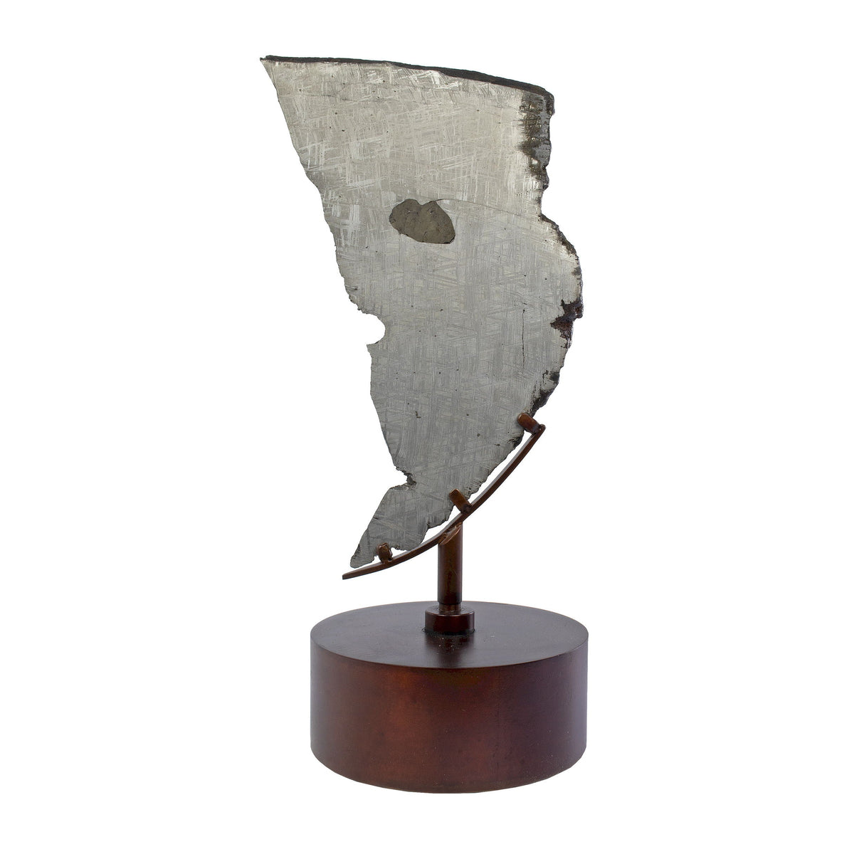 Muonionalusta Meteorite Slice with Troilite Inclusion on Steel Spinner Stand