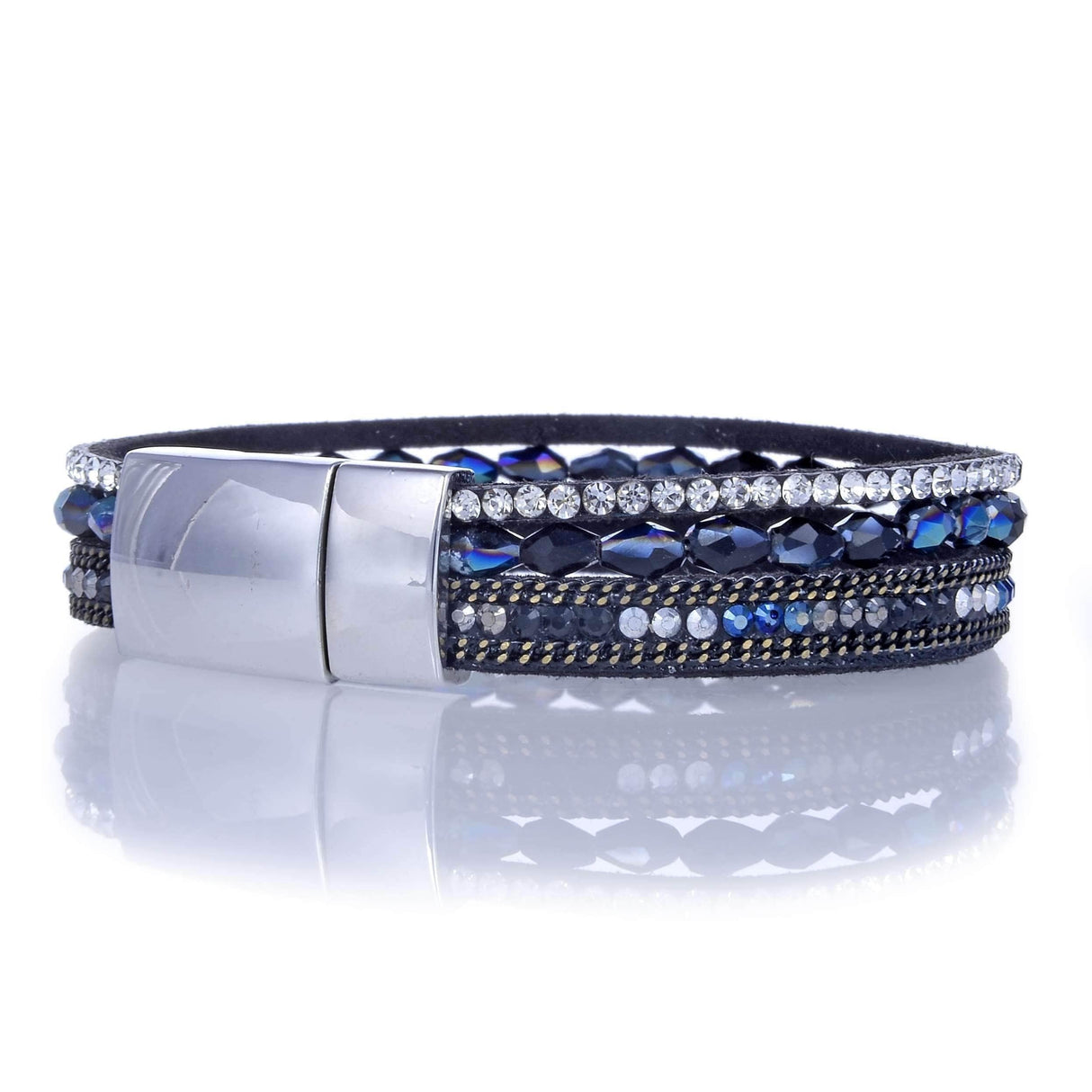 Navy Briolette Gemstone Beads & Black Leather Multiple Wrap Bracelet with Magnetic Clasp