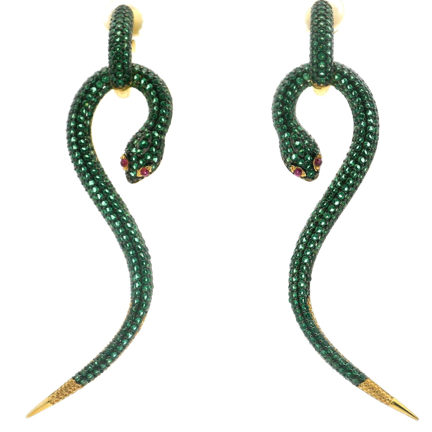 Nano Stone Dangle Earrings - Two-piece Long Green Snake with Red Eyes in Gold Vermeil over 925 Sterling Silver