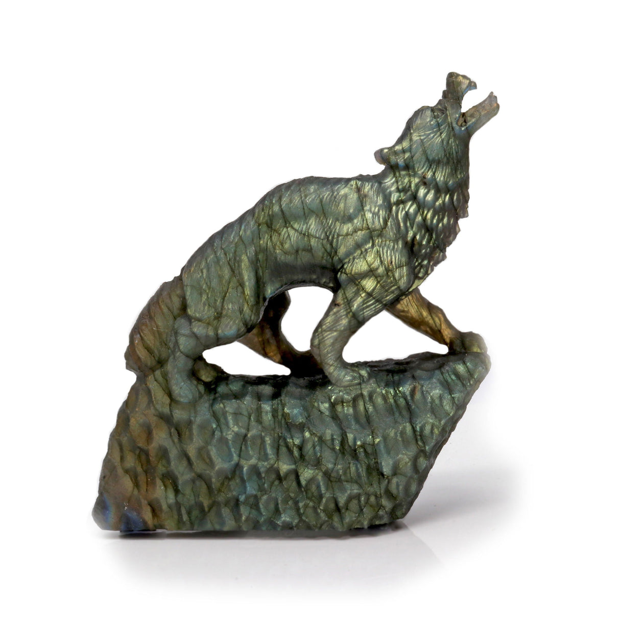 Labradorite Carving - Wolf with Howling Posture with Rainbow Flash
