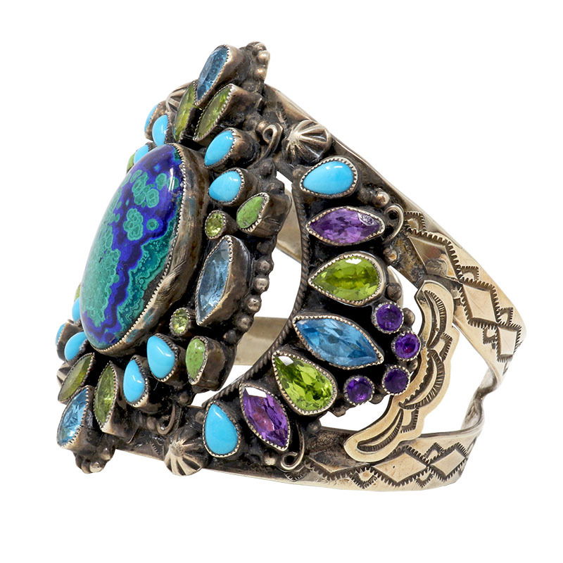 Leo Feeney Botryoidal Malachite-Azurite Cuff Bracelet with Sleeping Beauty Turquoise, Peridot, Blue Topaz, Green Turquoise & Amethyst