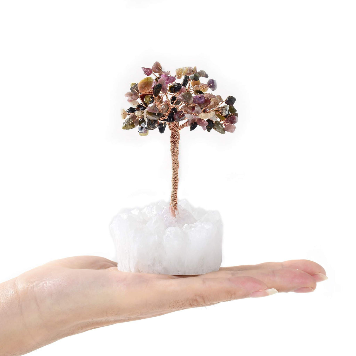 Multi-Tourmaline Copper Wire Beaded Gemstone Tree on Quartz Crystal Base