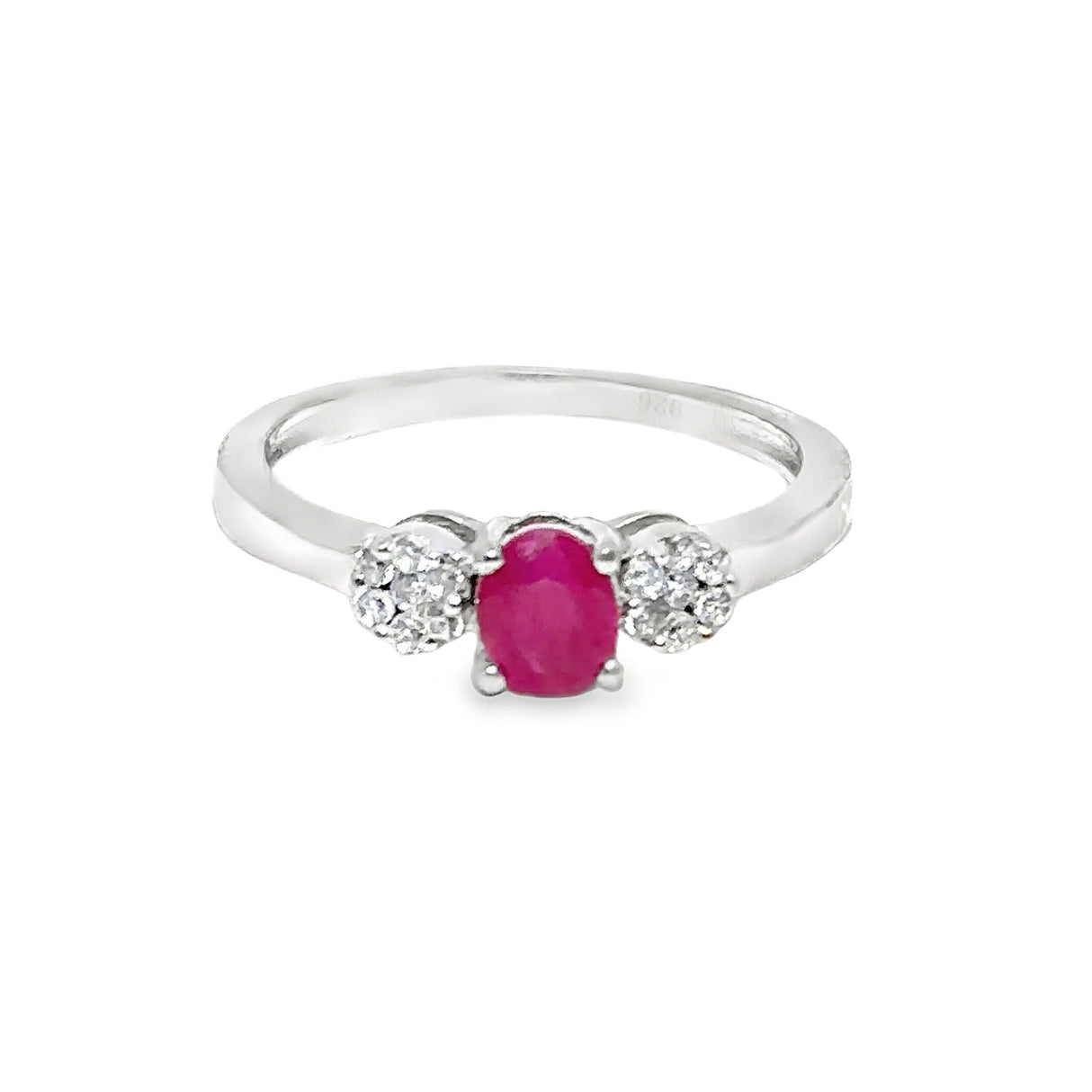 Ruby Ring - Faceted Oval Prong Set with 2 White Czs Flowers on 925 Sterling Silver Band sz6