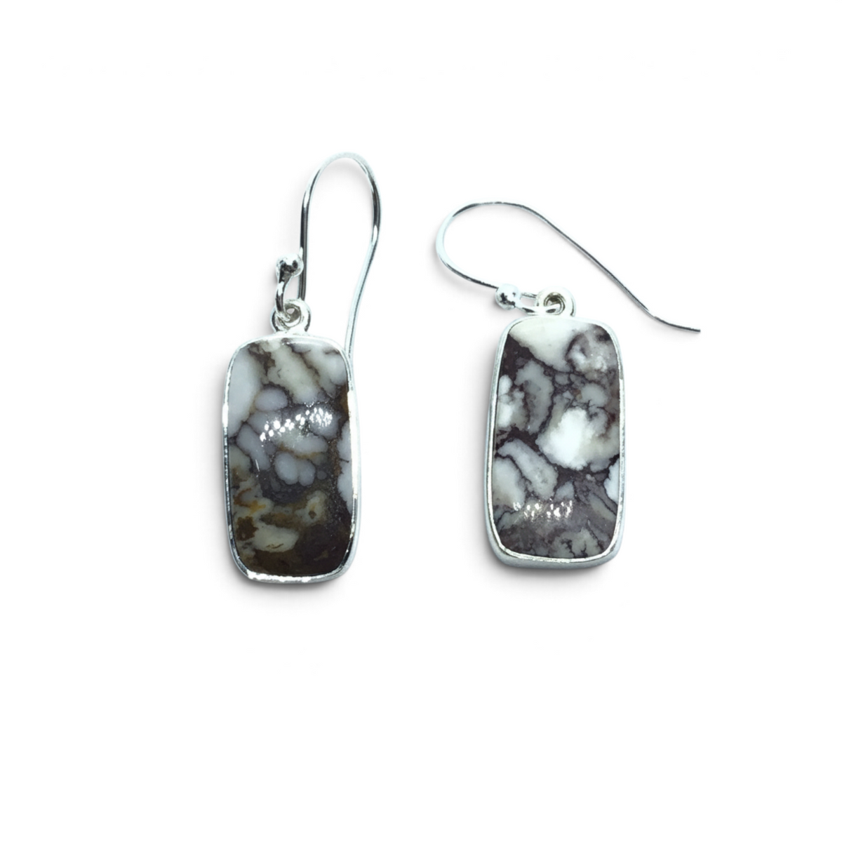 Rare Earth Gallery dangle earrings featuring rectangular Wild Horse Howlite cabochons in 925 sterling silver bezels.