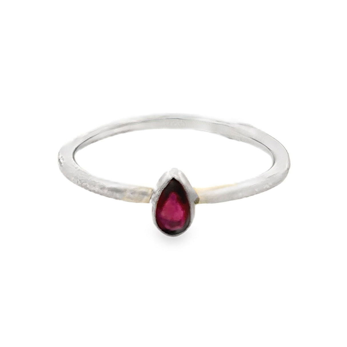 Ruby Ring - Dainty Faceted Pear With Silver Bezel Sz7
