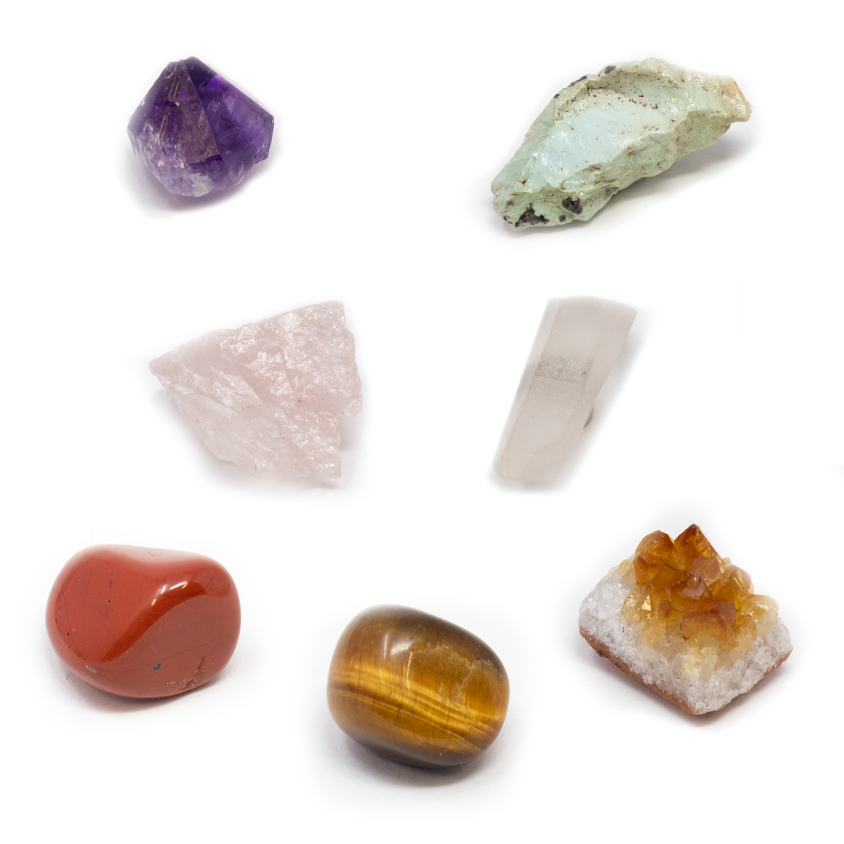 7 Chakra Magnet Set - Set 9 with Quartz Crystal, Amethyst Crystal, Raw Chrysocolla from AZ, Raw Rose Quartz from Brazil, Tumbled Tigers Eye, Citrine Crystal Cluster & Tumbled Red Jasper
