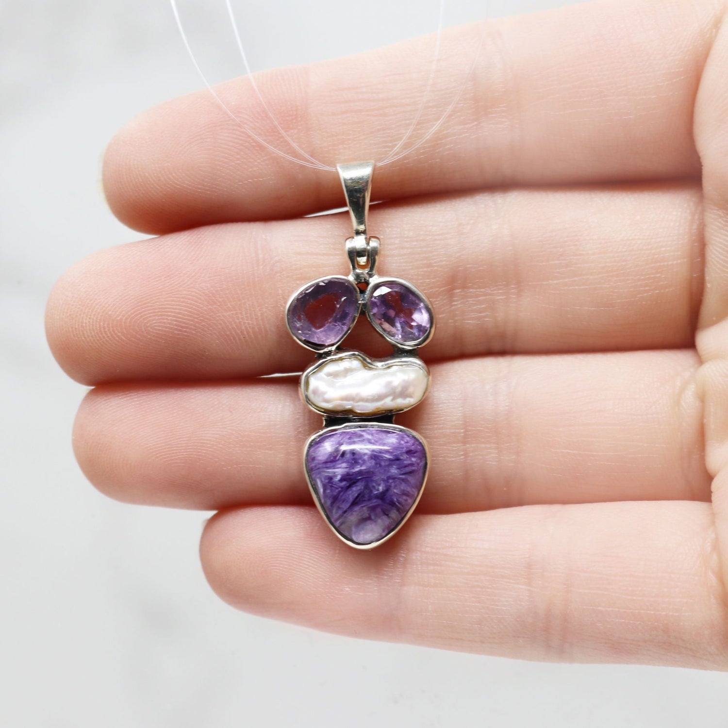 Charoite Pendant - Triangular Cabochon with Faceted & Rough Amethyst Ovals & Freshwater Pearl with 925 Sterling Silver Bezels