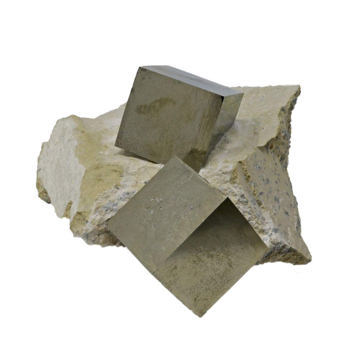 Cubic Pyrite Single Crystals in Matrix on Lucite Stand