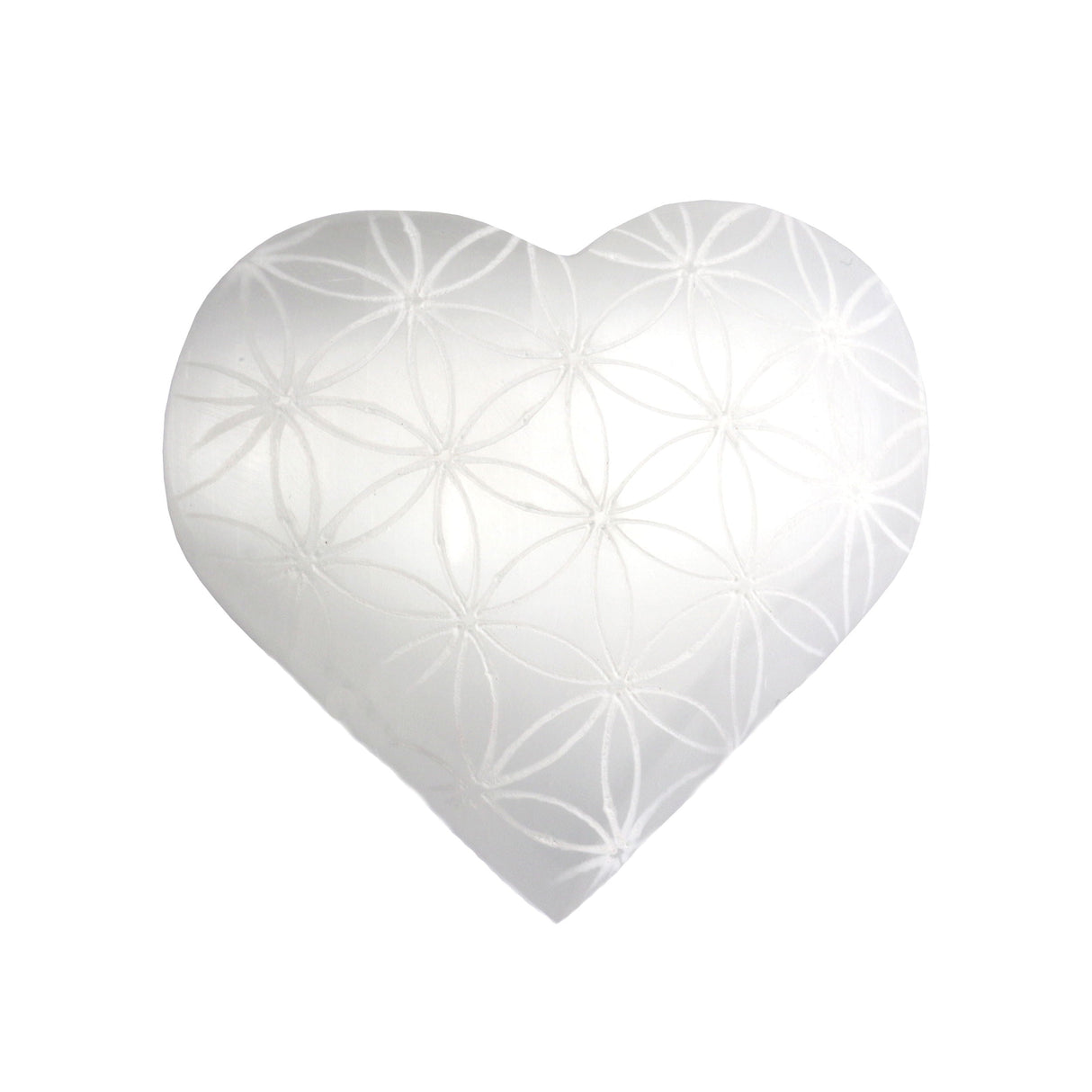 Selenite Heart with Etched Flower of Life from Morocco - Sacred Geometry
