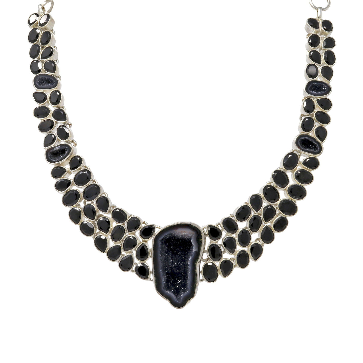 Black Spinel Necklace with Druze Geodes - Faceted Black Spinel Pears & Ovals Matrix with Black & Gray Druze Geode Centerpiece & 4 Sparkling Freeform Geodes in Matrix