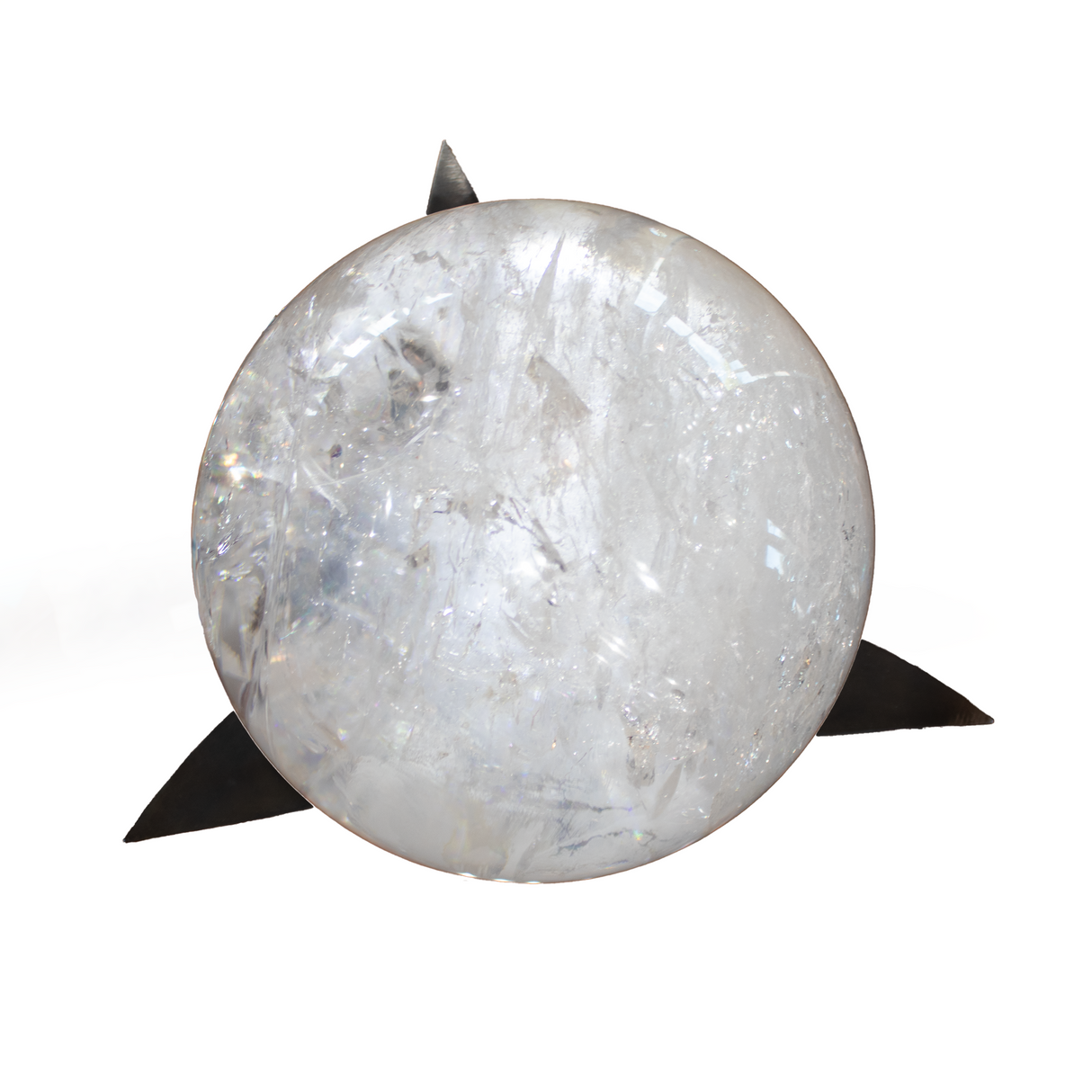 A++ Clear Quartz Sphere on Illuminated Stand with Tri-Leaf Design and Roller Ball Feature