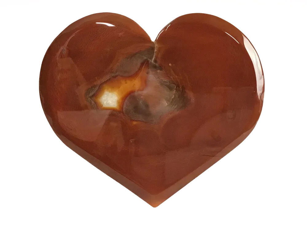 Sardonyx Carnelian Agate Heart Flat with Druze on Lucite Stand - Dark Red Surrounding Large Sugar Druze Pocket