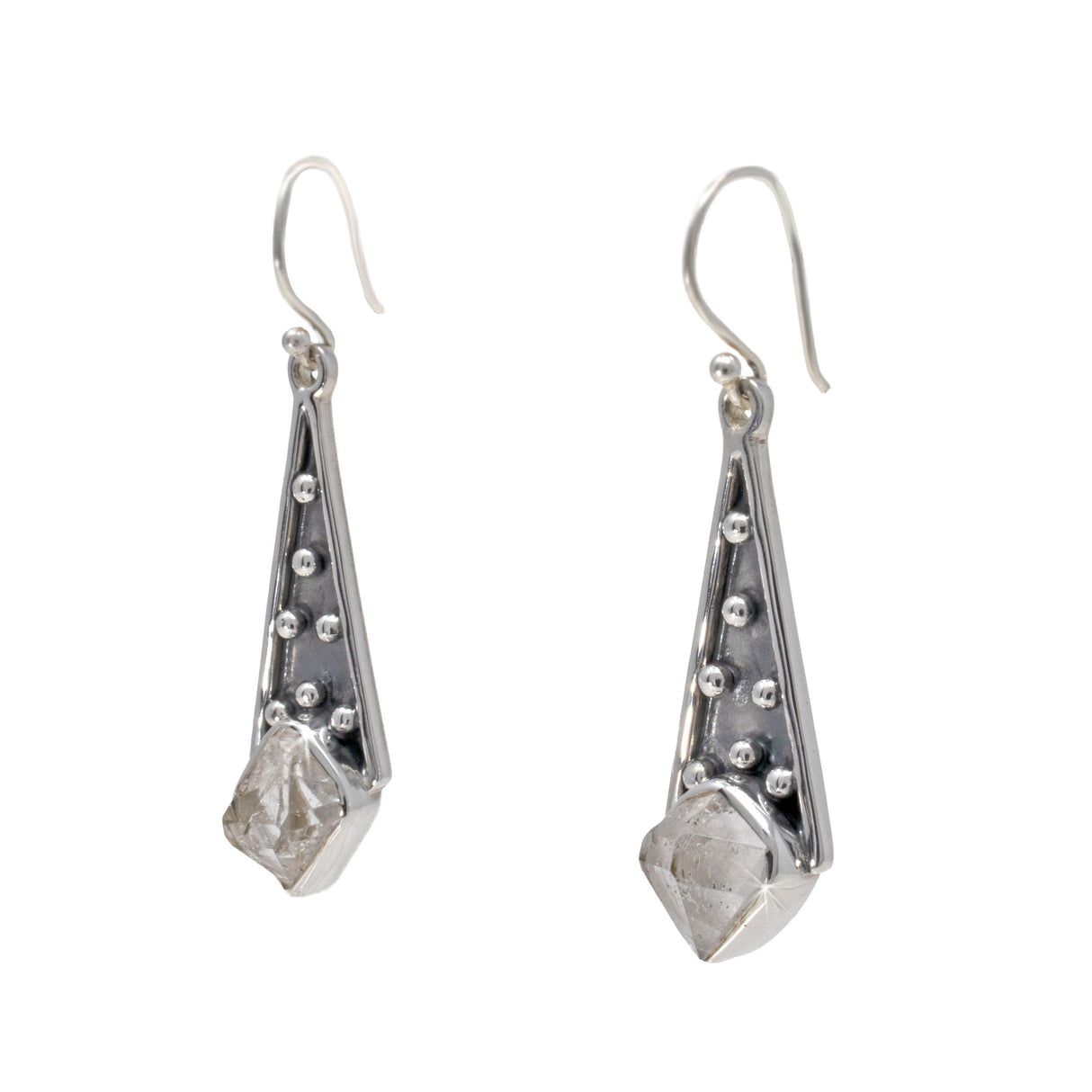 Herkimer Diamond Dangle Earrings - Natural Point Set on Elongated Silver Triangle with Beaded Detail
