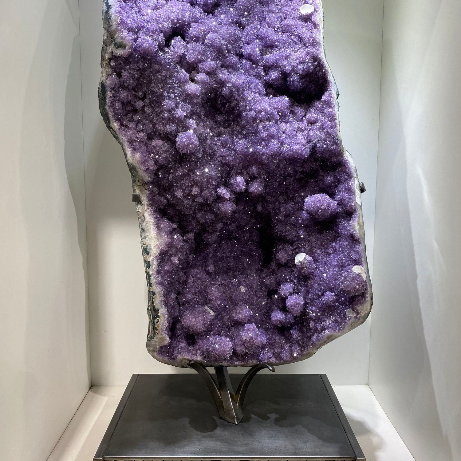 Amethyst Geode With Calcite Inclusions & Prominent Stalactite Bubbles In Custom Pixel Stand