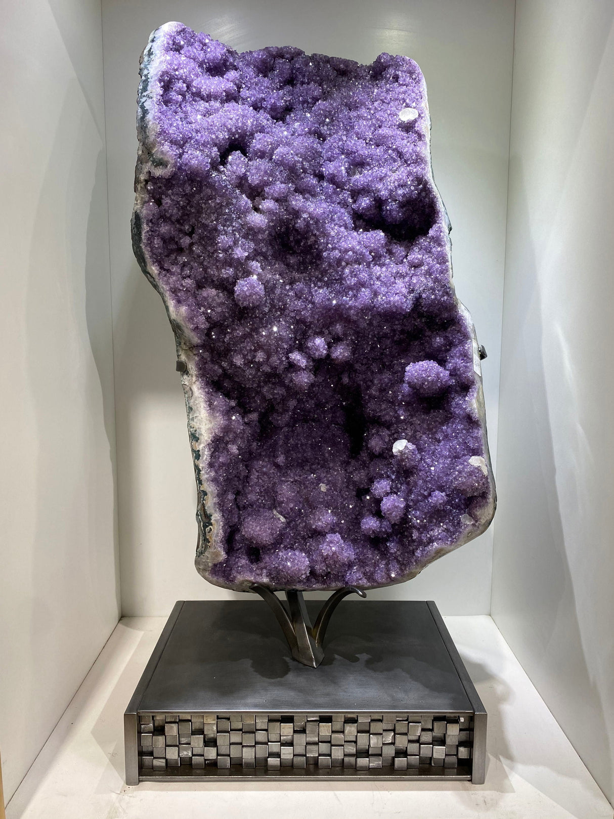 Amethyst Geode With Calcite Inclusions & Prominent Stalactite Bubbles In Custom Pixel Stand