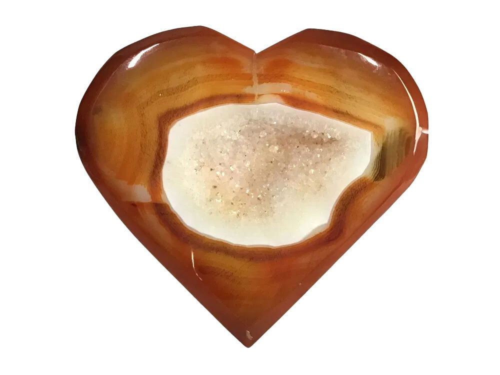 Sardonyx Carnelian Agate Heart Flat with Druze on Lucite Stand - Orange Banding Surrounding Large White Sugar Druze Pocket & Dark Inclusion on One Curve