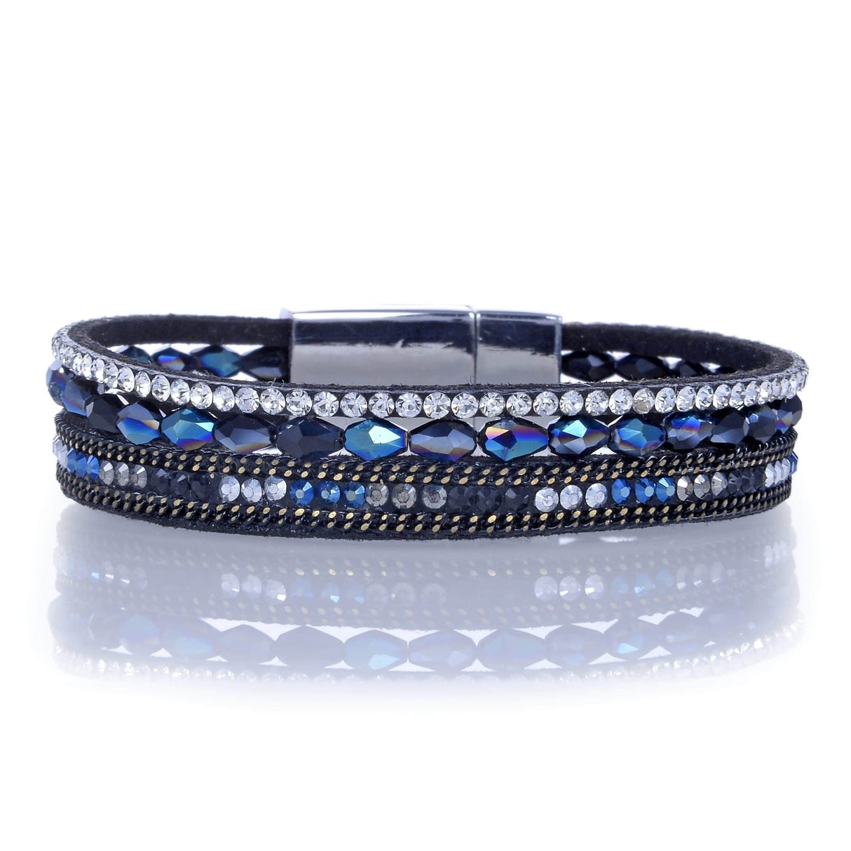 Navy Briolette Gemstone Beads & Black Leather Multiple Wrap Bracelet with Magnetic Clasp