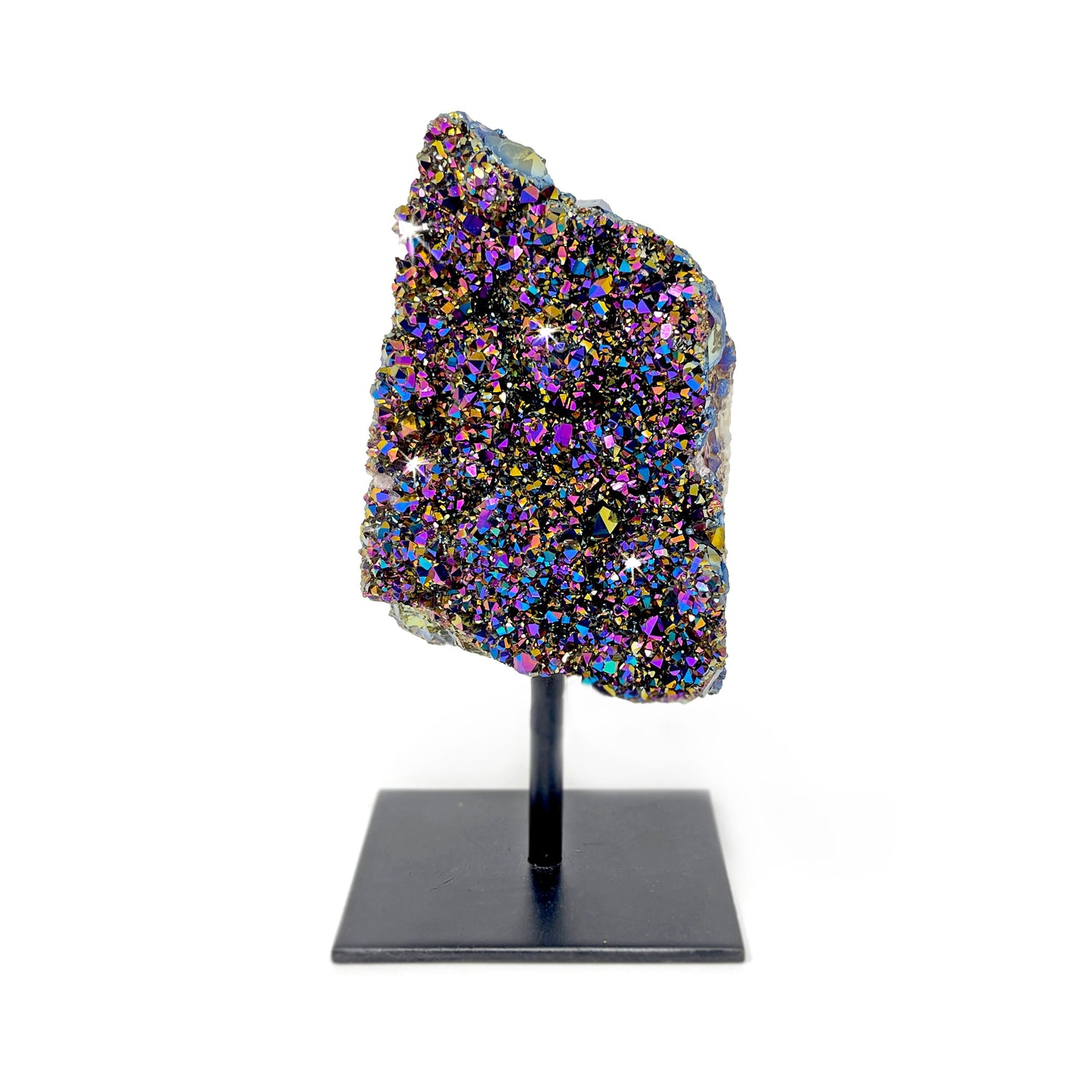 Rainbow Aura Coated Crystal Cluster on aPost Stand - Rectangular Druzy Shape