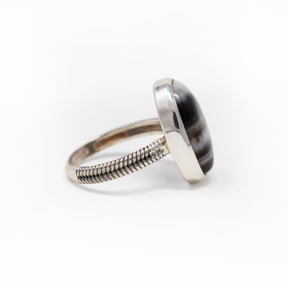 Banded Agate Ring - Oval Cabochon with 925 Sterling Silver Step Bezel & Braid Stamped Band Size 10