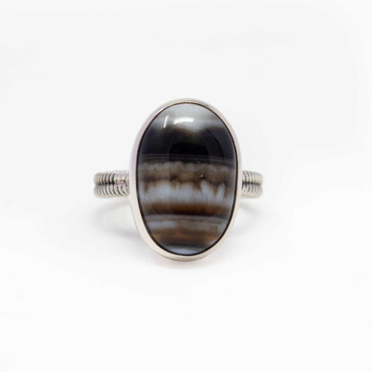 Banded Agate Ring - Oval Cabochon with 925 Sterling Silver Step Bezel & Braid Stamped Band Size 10