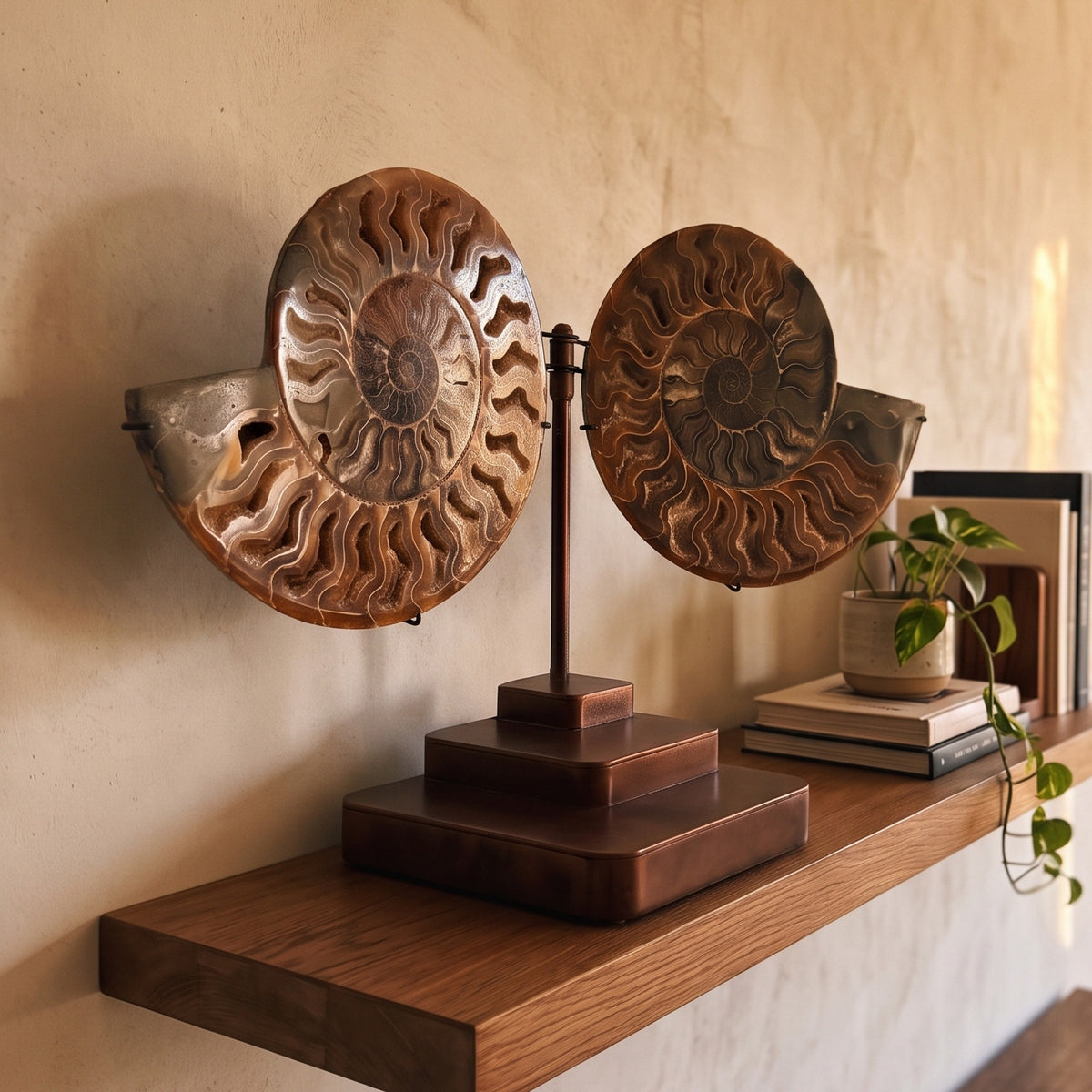 Ammonite Fossil Pair in Custom Pivot Stand with Rust Patina Finish - Rich Sienna Brown Hue with Taupe & White Inclusions