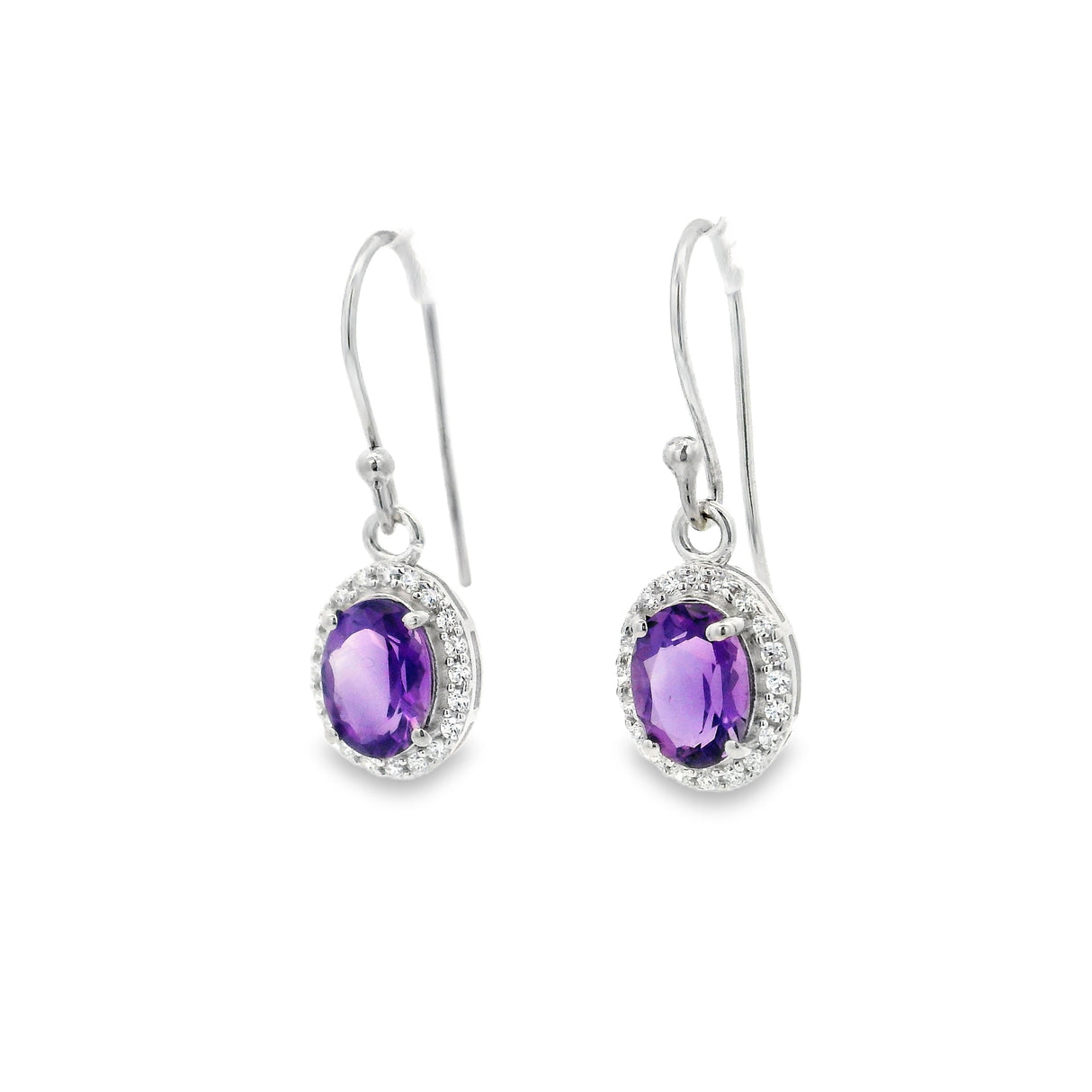 Faceted Amethyst Prong Set Dangle Earrings in CZ Halo Design with Rhodium Vermeil