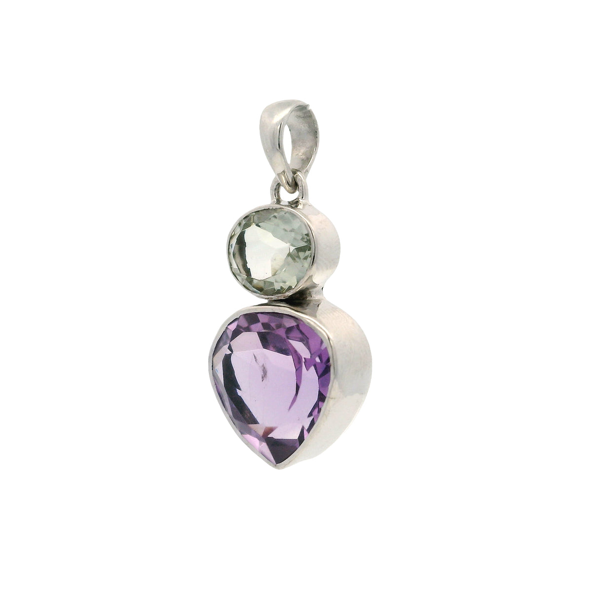 Faceted Amethyst & Prasiolite Pendant - Reverse Pear with Oval on Top Silver Bezel