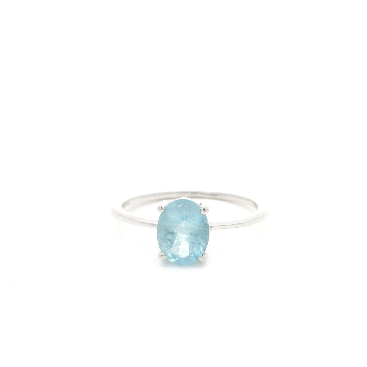 Faceted Aquamarine Ring - Prong Set Oval in Rhodium Vermeil Band - 6x8