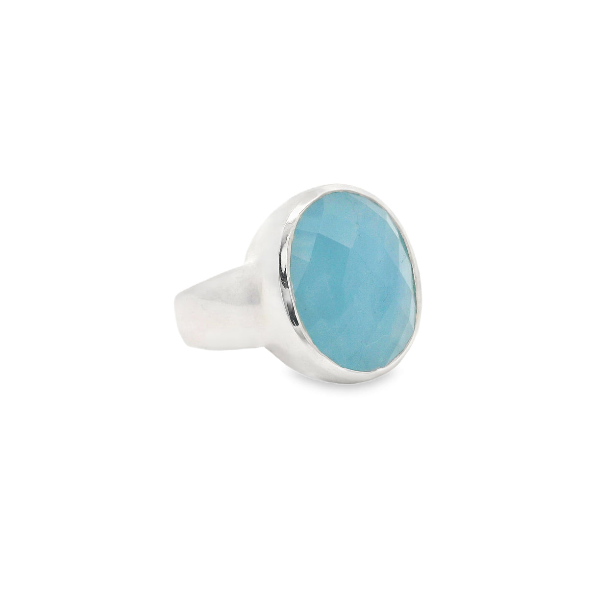 Rose Faceted Aquamarine Ring Bezel Set in Wide Band