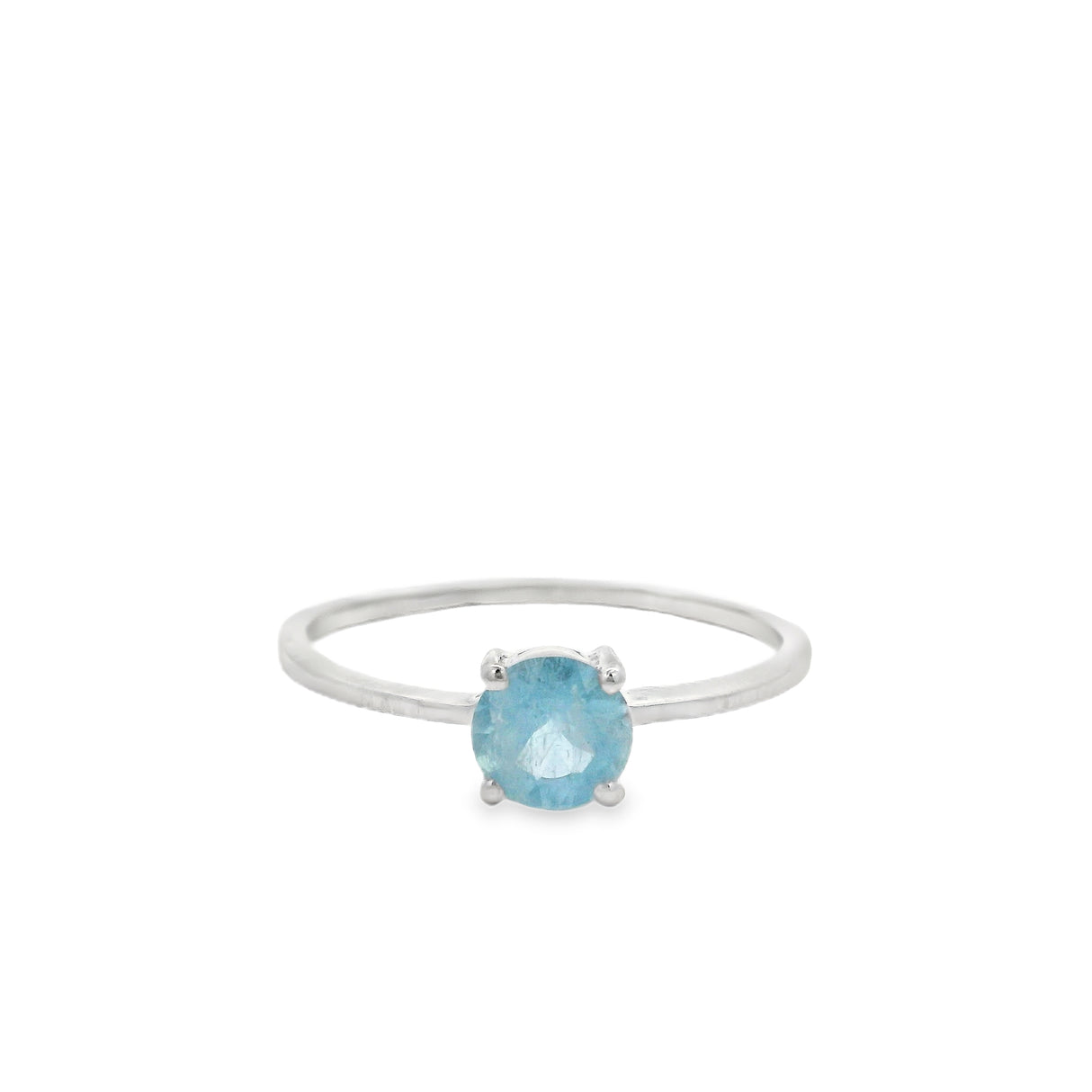 Faceted Aquamarine Ring - Prong Set Round in Rhodium Vermeil Band - 5x5