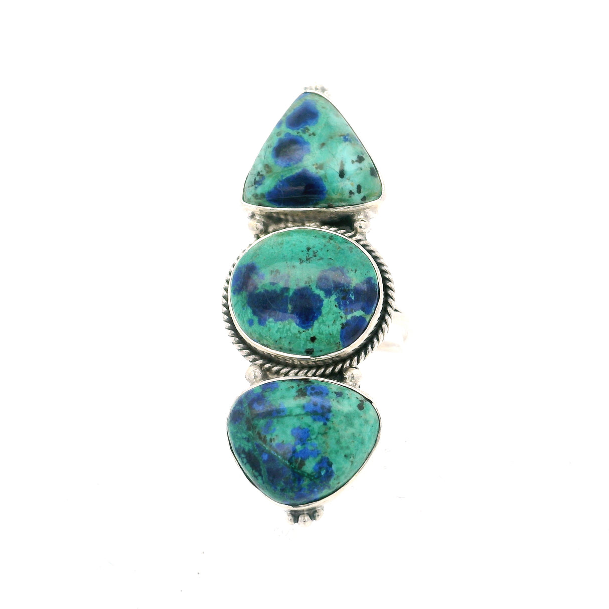Azurite Malachite Multi Cabochon Ring Set in Rope Design Band