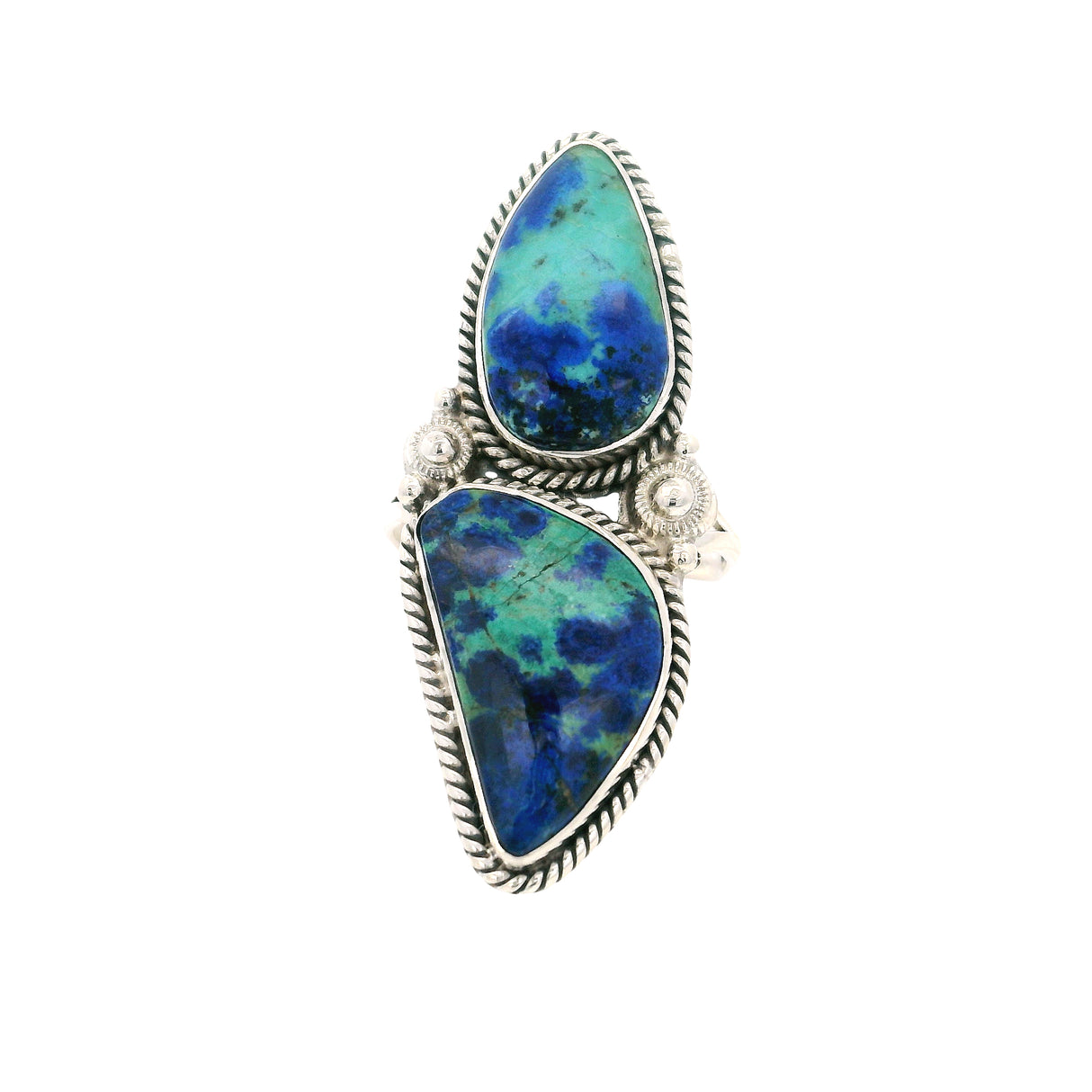 Azurite Malachite Multi Cabochon Ring Set in Rope Design Band