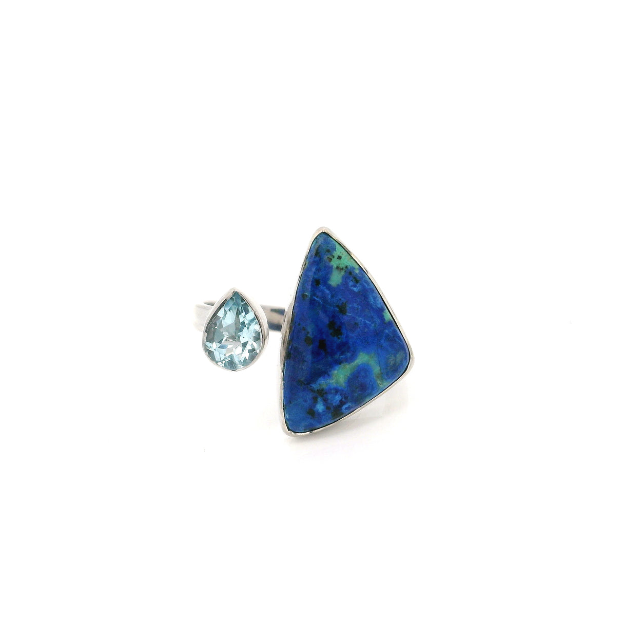 Azurite Malachite Cabochon & Faceted Blue Topaz Ring with Open Top