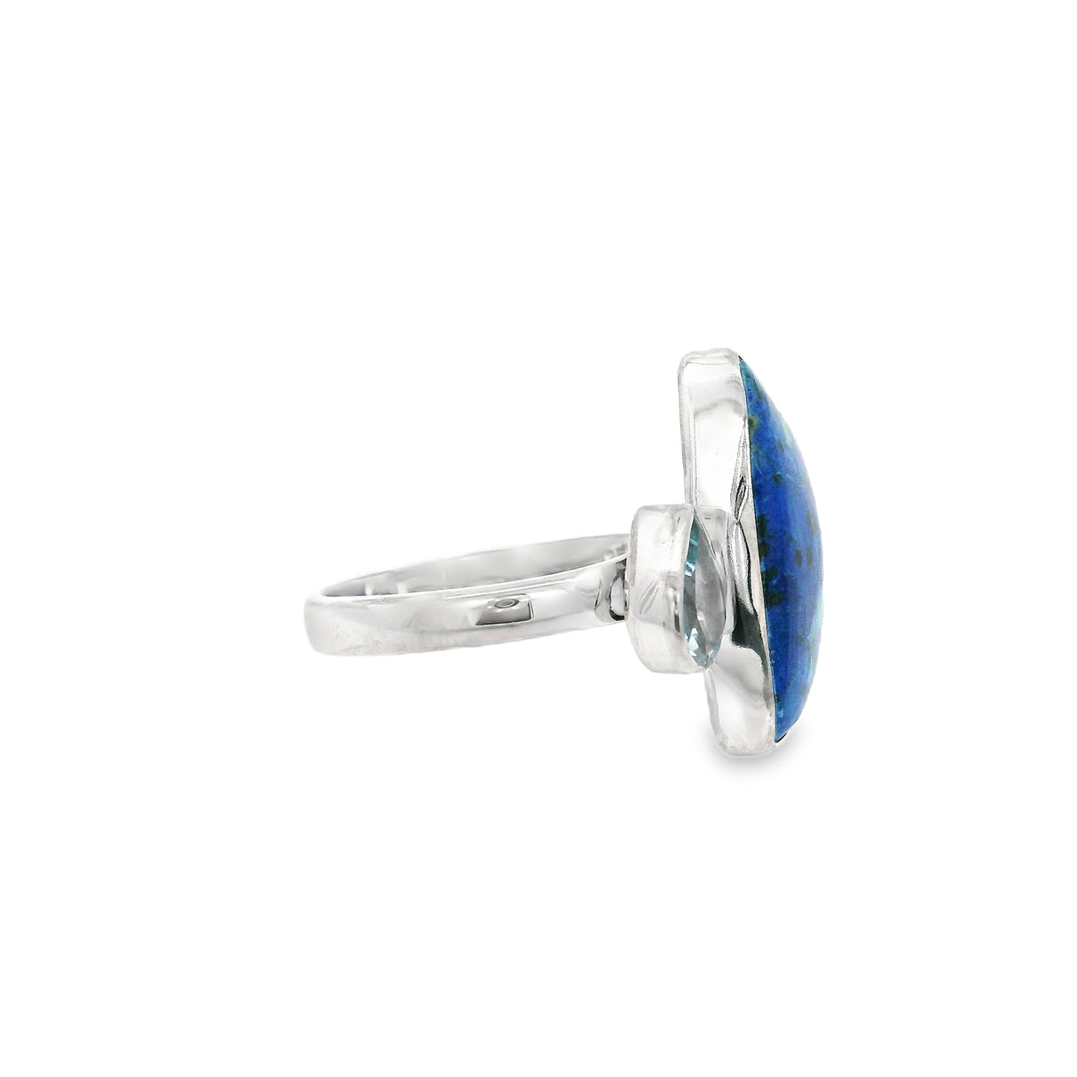 Azurite Malachite Cabochon & Faceted Blue Topaz Ring with Open Top