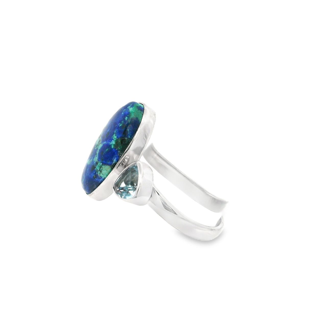 Azurite Malachite Cabochon & Faceted Blue Topaz Ring with Open Top