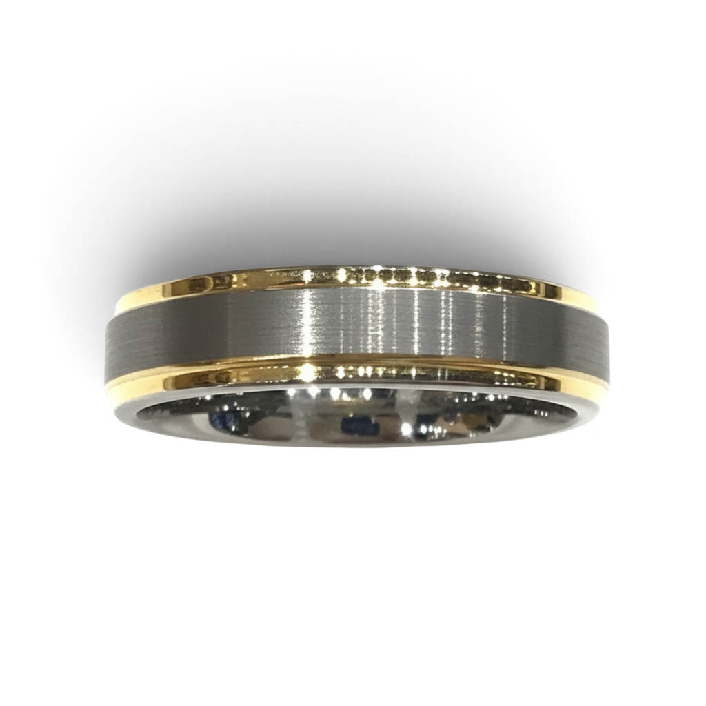 Rare Earth Gallery 6mm tungsten ring featuring a brushed grey center and polished yellow gold plated edges.