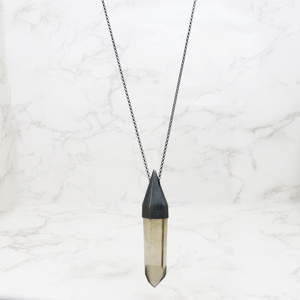 Smoky Quartz Pendant with Chain - A+ Quality Point with Brushed Rhodium Plated Finish