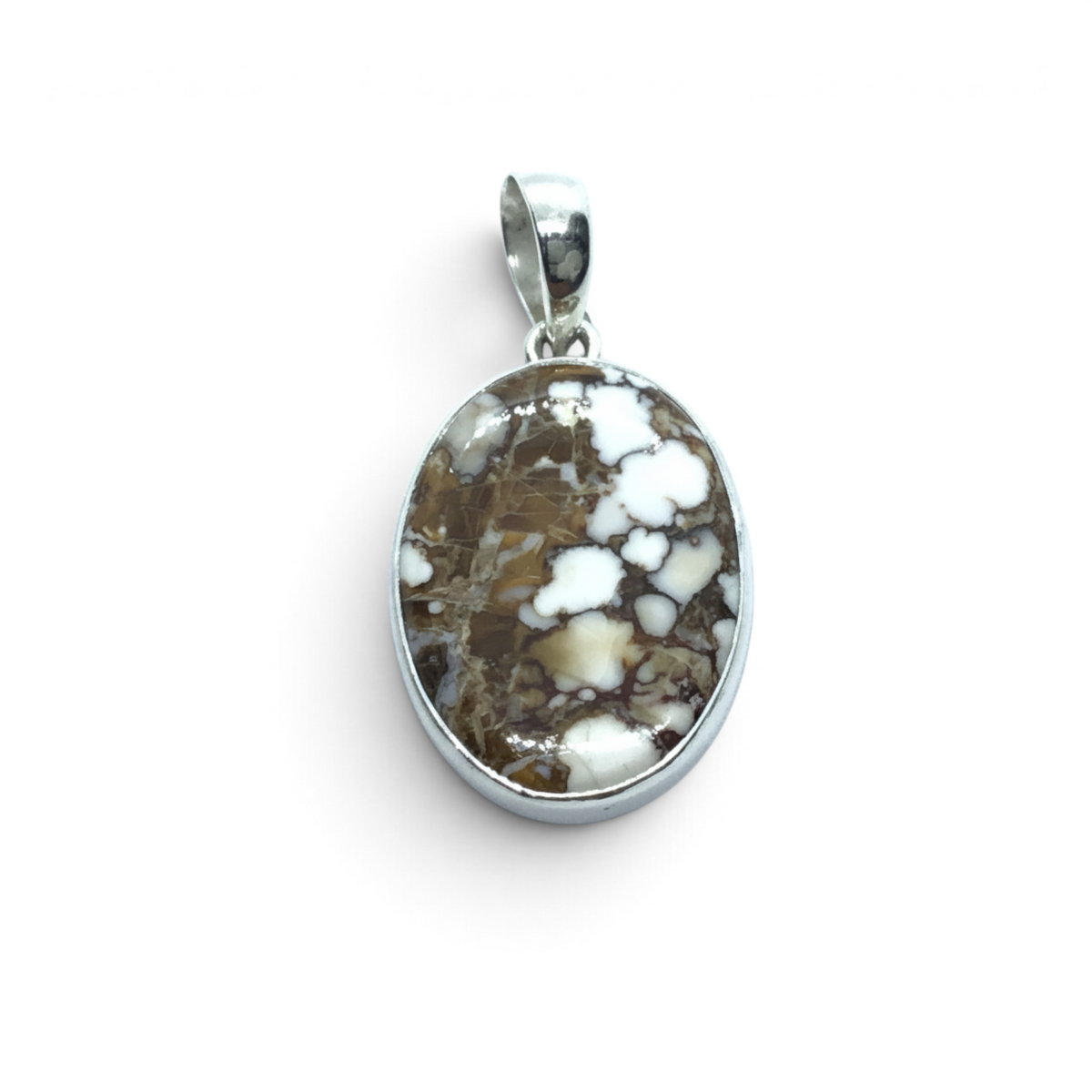 Rare Earth Gallery oval Wild Horse Howlite pendant featuring a brown and white stone in a 925 sterling silver bezel.
