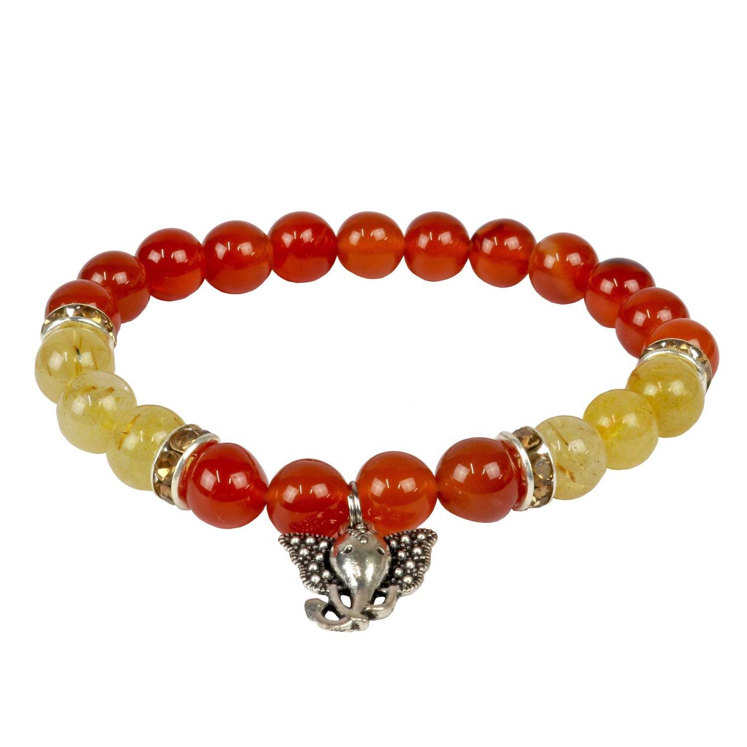 Carnelian & Rutile Quartz Beaded Bracelet 8mm with Ganesha Charm