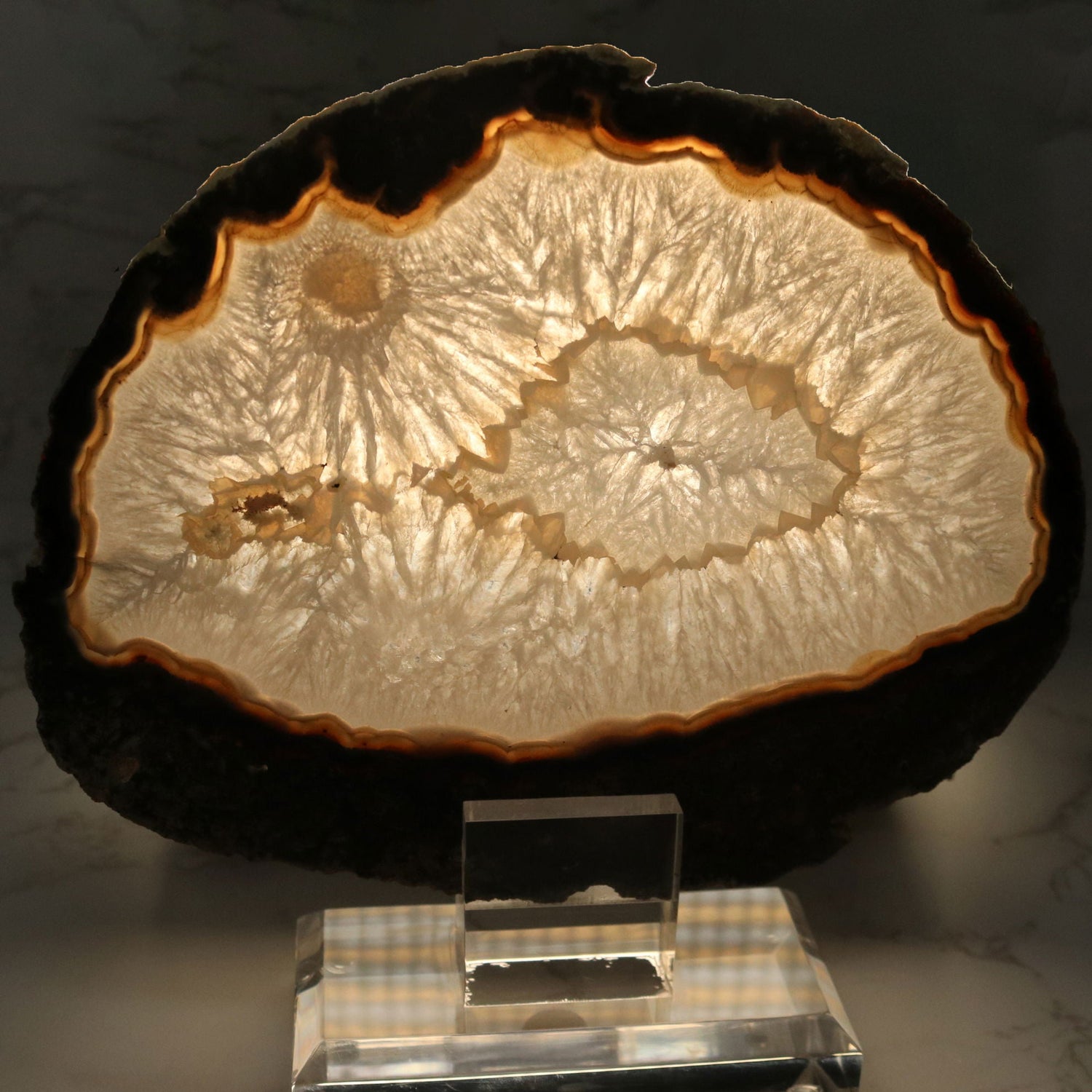 Agate Slice on Screw Stand - Quartz with Dark Mossy Agate Exterior & Eye Inclusion & Double-Sided Polish