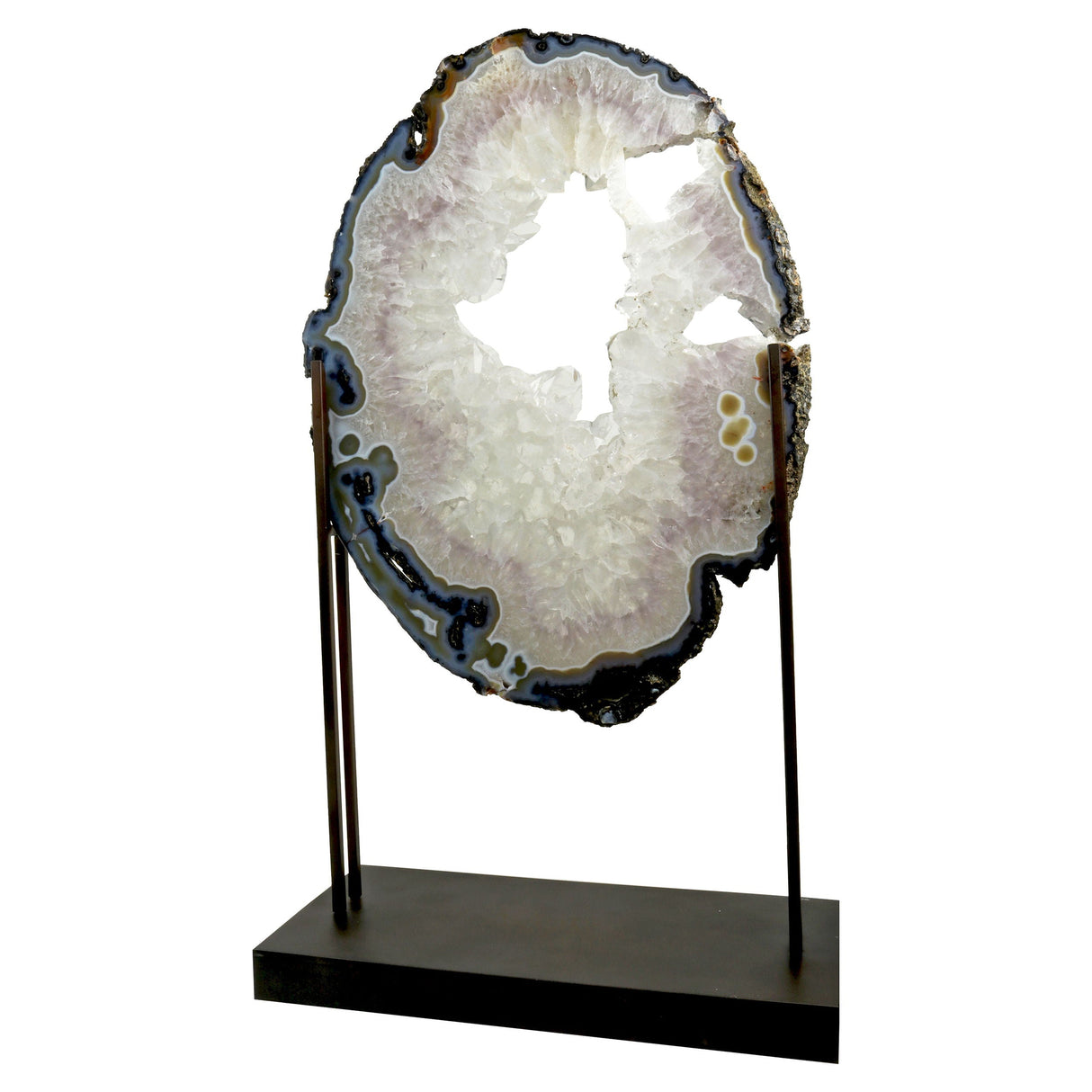 Rose De France Agate Ring with Dissolved Calcite Crystal in Custom H-Stand