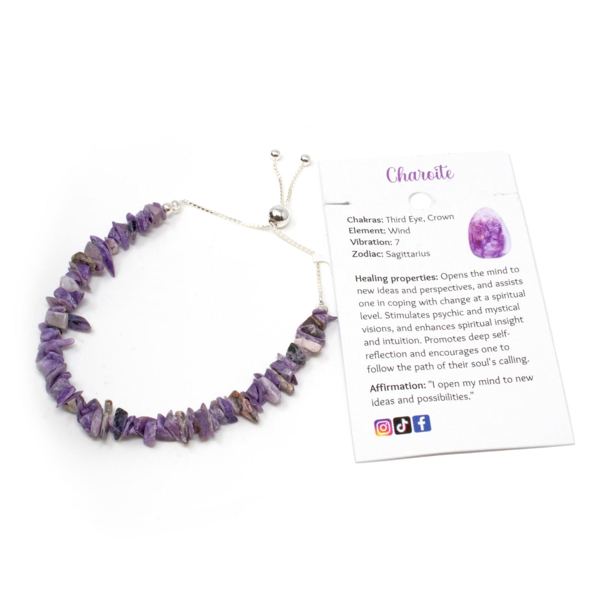 Charoite Chip Beaded Bracelet with 925 Sterling Silver Adjustable Ball & Chain