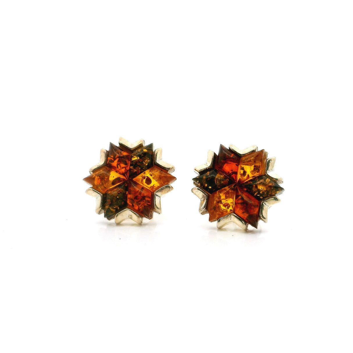 Multi Amber Stud Earrings - Classic Quad Colors with Angular Design