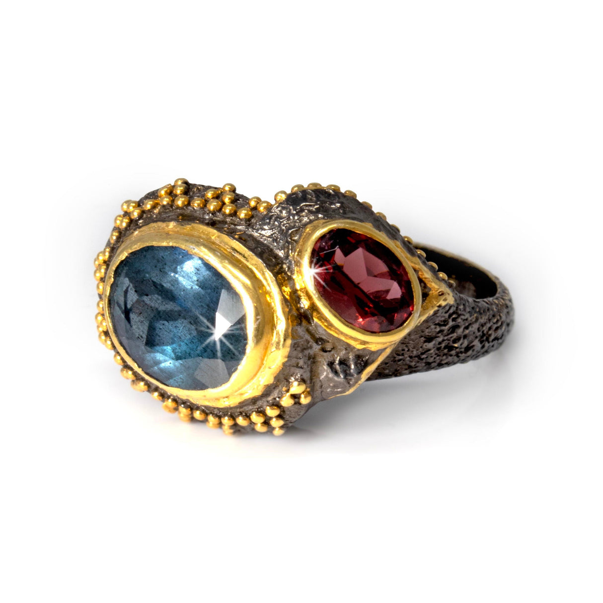 Aquamarine Ring Size 6.5 - Faceted Oval with Faceted Pink Tourmaline Oval Set in Stamped Oxidized Band with Gold Vermeil Accents